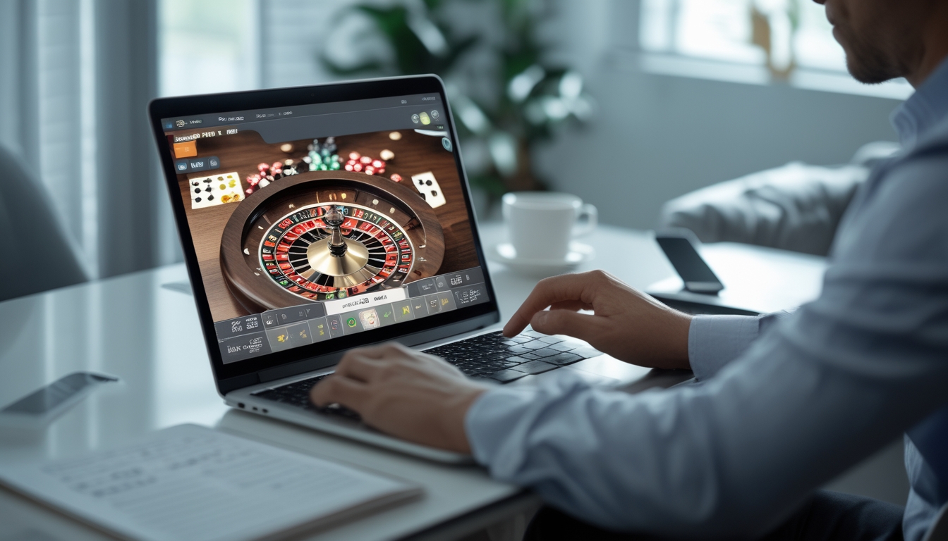 Seseorang duduk di meja dengan laptop yang menampilkan permainan roulette online, tampak fokus dan tenang saat bermain.