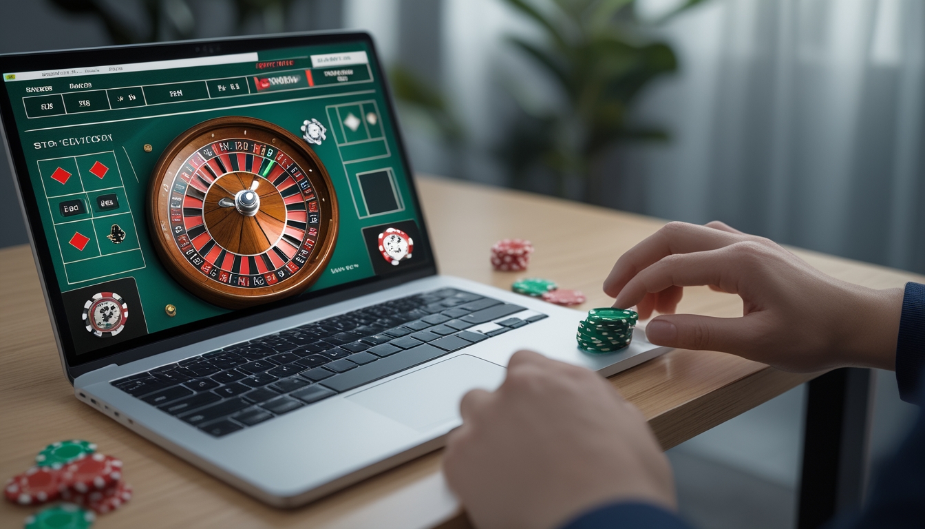 Seorang pemain sedang menaruh chip virtual pada permainan roulette online di layar komputer.