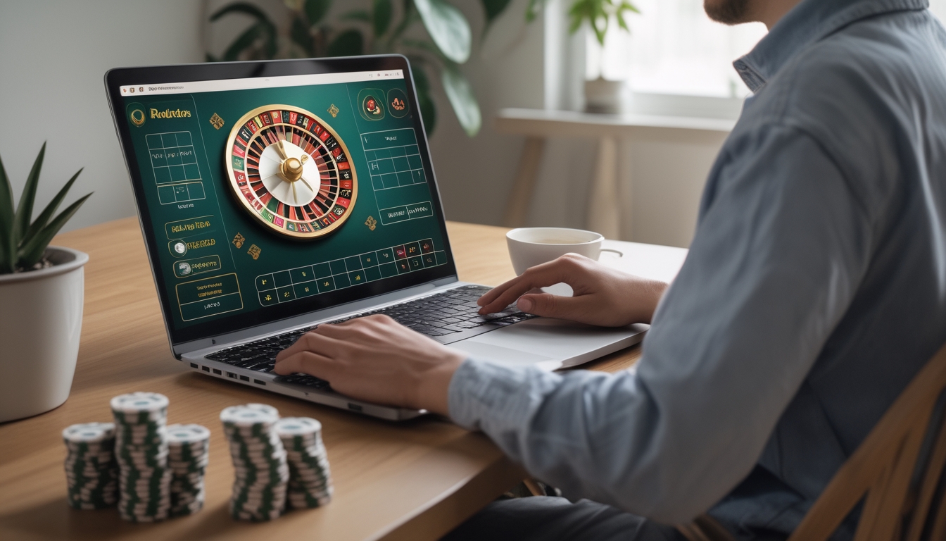 Seorang dewasa muda bermain roulette online di laptop di ruang tamu yang nyaman dengan tumpukan chip kecil di meja.