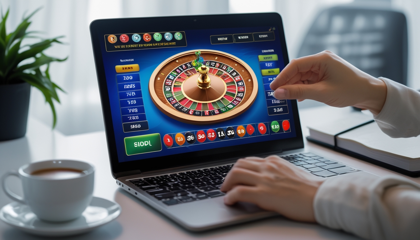 Seseorang sedang bermain roulette online menggunakan komputer di meja kerja dengan suasana santai.
