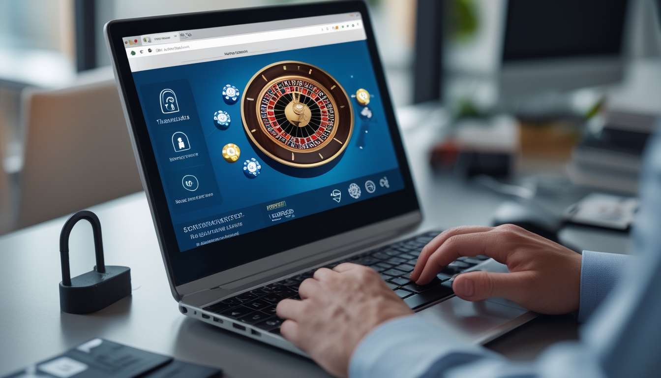 Tangan seorang pemain profesional sedang menggunakan komputer dengan tampilan roda roulette digital yang jelas dan berwarna cerah.