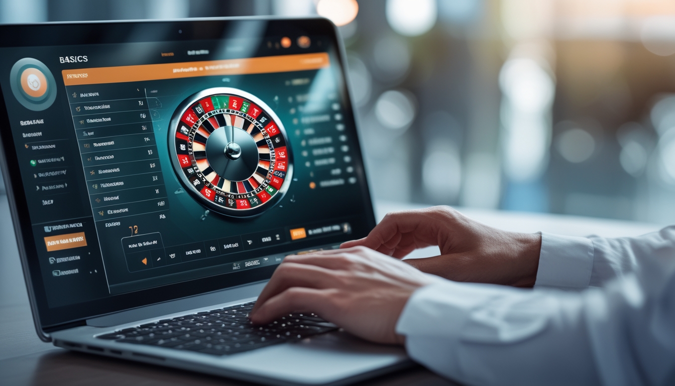 Seorang pemain sedang memasang taruhan pada roda roulette digital di layar komputer dalam suasana yang tenang dan profesional.