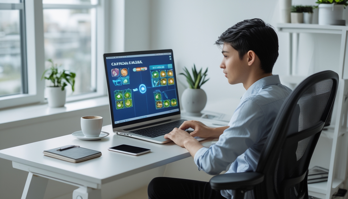 Seorang dewasa muda duduk di meja modern sambil fokus melihat layar laptop yang menampilkan permainan kartu online Capsa, di ruang kerja rumah yang terang dan rapi.
