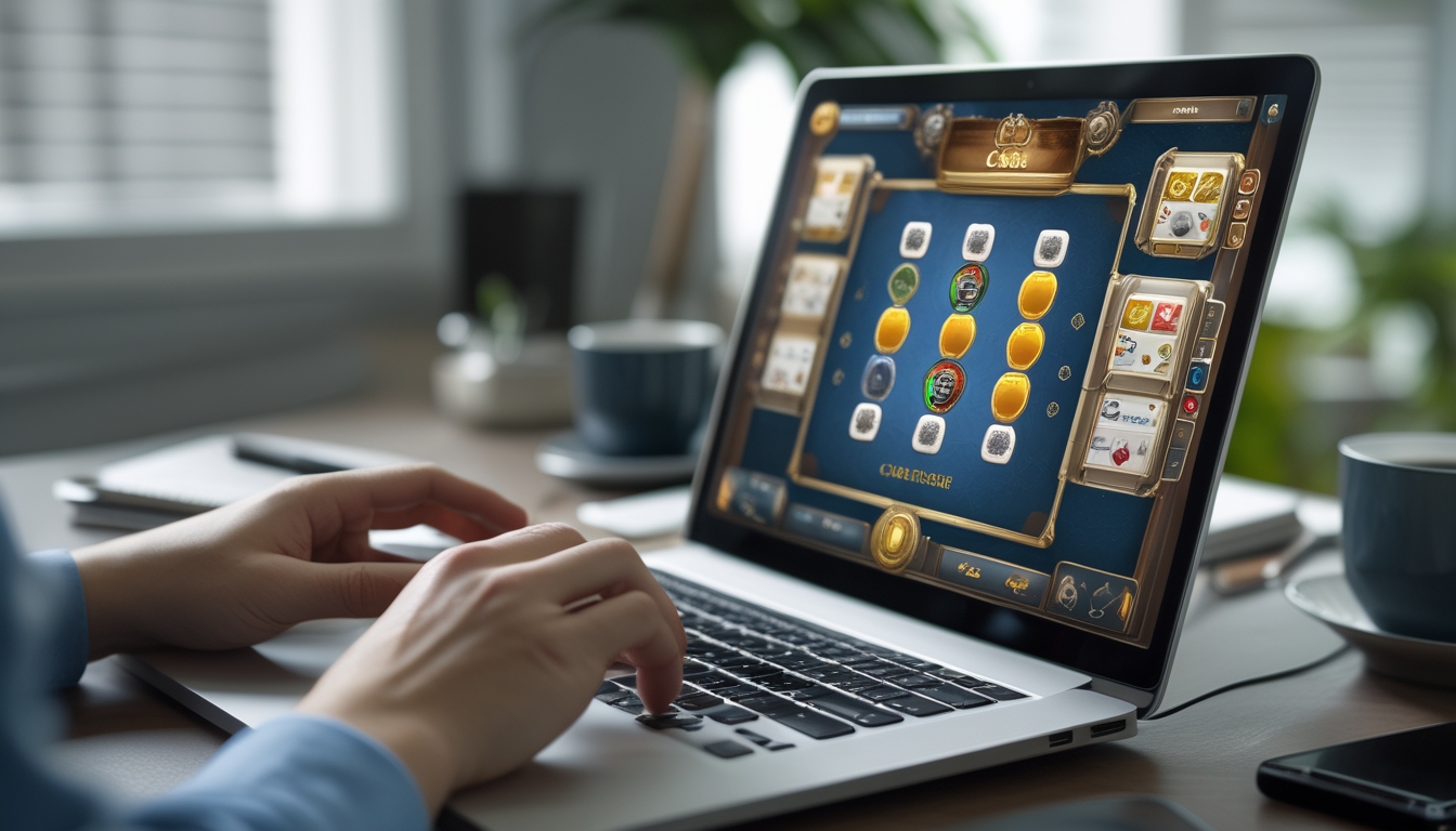 Seseorang sedang bermain permainan kartu Capsa online di laptop di meja kerja dengan suasana nyaman dan fokus.