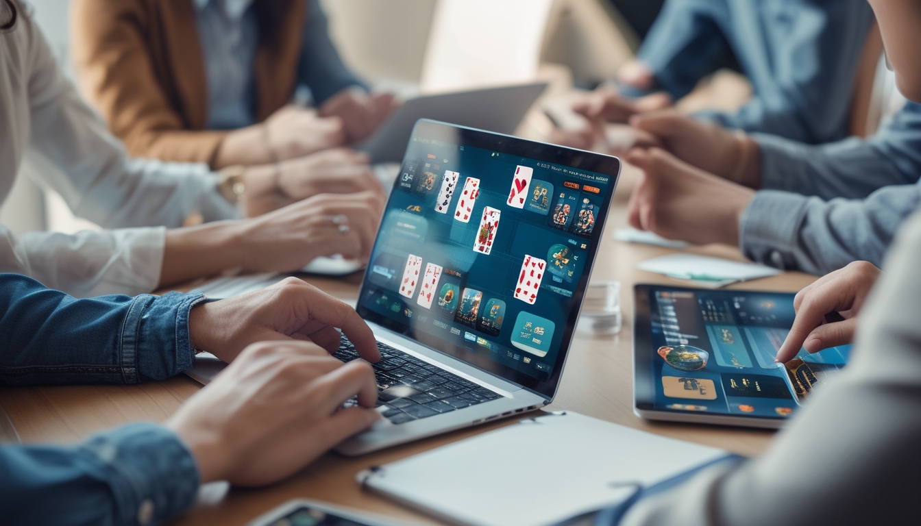 Beberapa orang bermain permainan kartu online di laptop dan tablet di dalam ruangan yang terang dan nyaman.