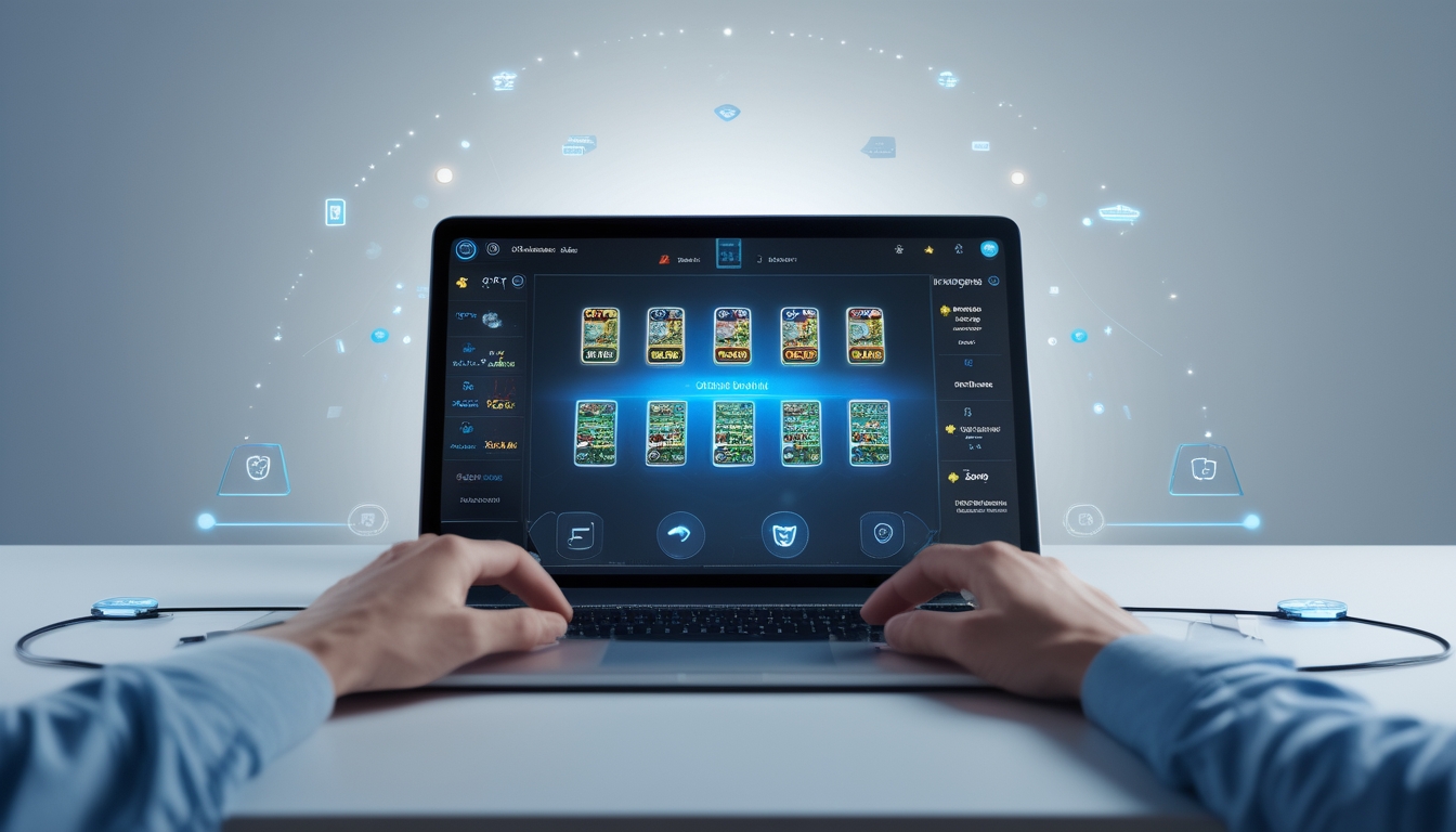 Seorang pengguna bermain permainan kartu online di laptop dengan suasana ruang kerja yang bersih dan modern.