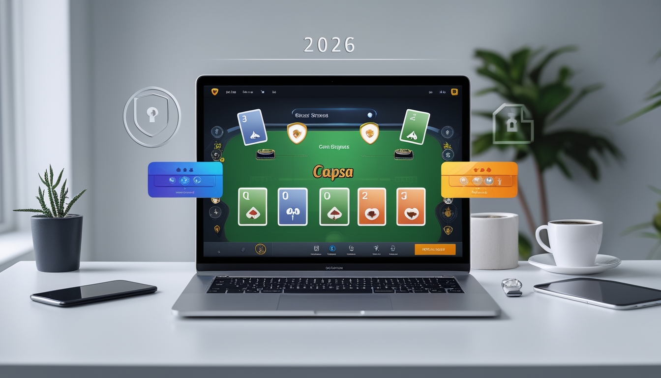Seorang pengguna sedang bermain game kartu online Capsa di komputer dengan suasana ruang kerja yang rapi dan nyaman.