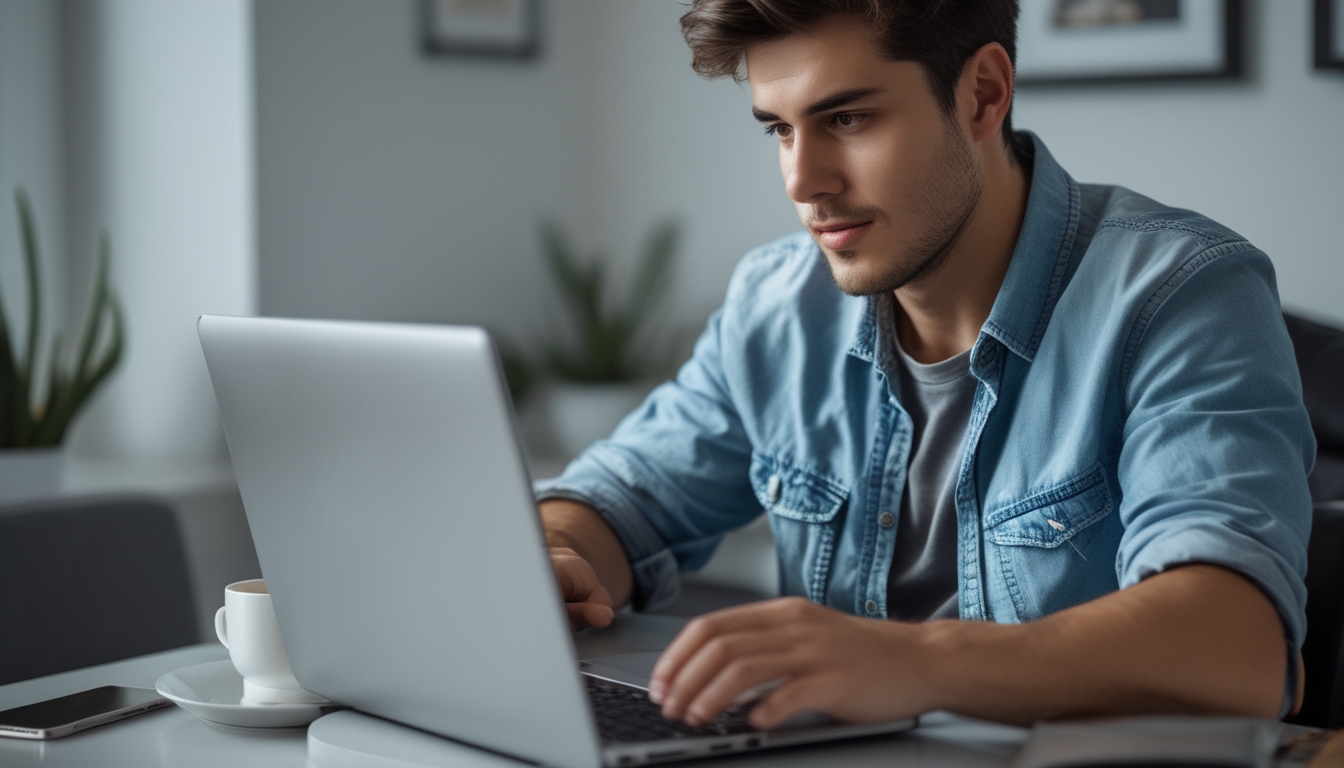 Seorang pria muda fokus bermain permainan kartu online di depan laptop di ruang kerja rumah yang rapi dan terang.
