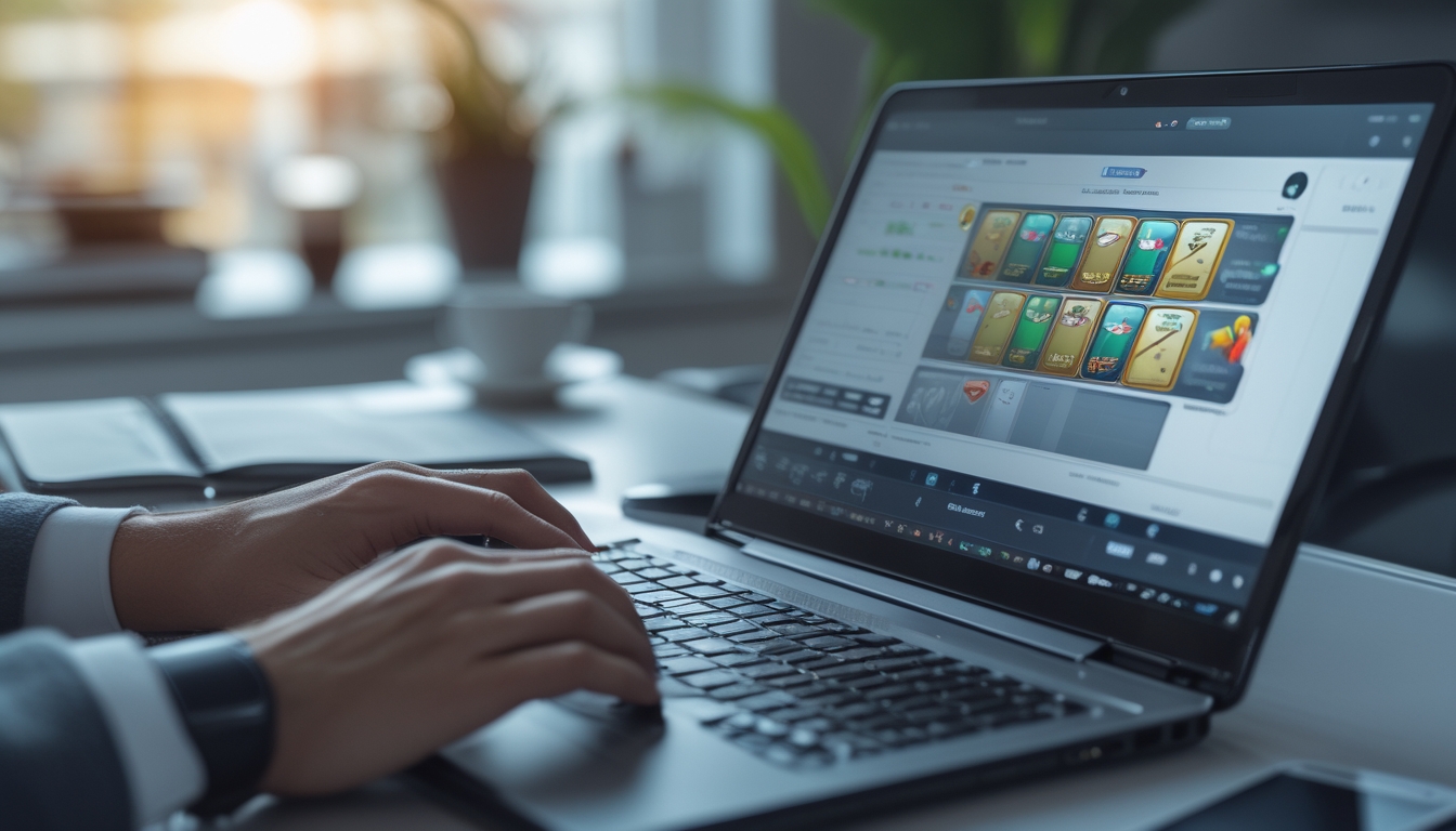 Seseorang sedang bermain permainan kartu online Capsa di laptop di ruang kerja yang terang dan rapi.