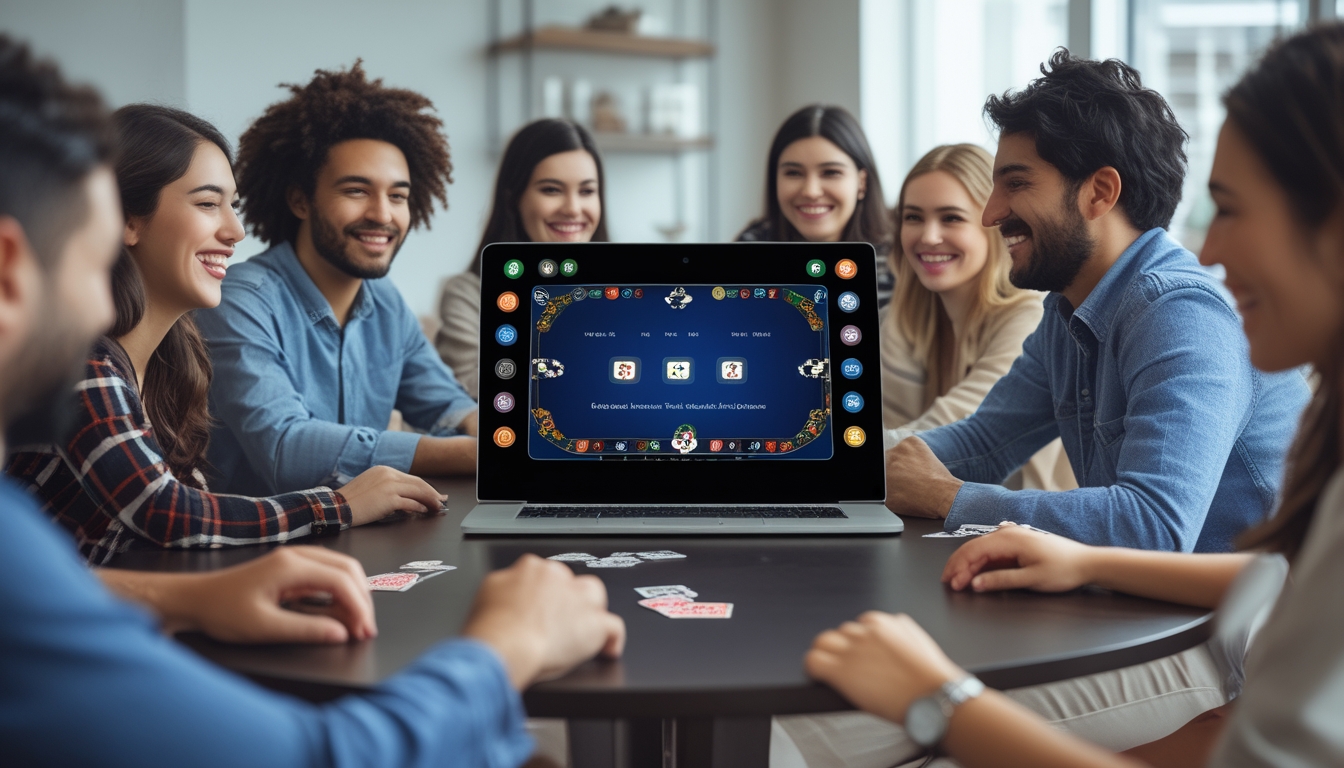 Beberapa orang bermain permainan kartu Capsa secara online menggunakan laptop di ruangan yang nyaman.