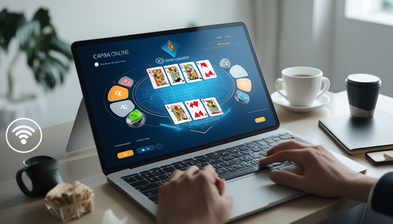 Seseorang menggunakan laptop dengan tampilan permainan Capsa Online di layar, di meja kerja yang rapi dengan cangkir kopi dan buku catatan.
