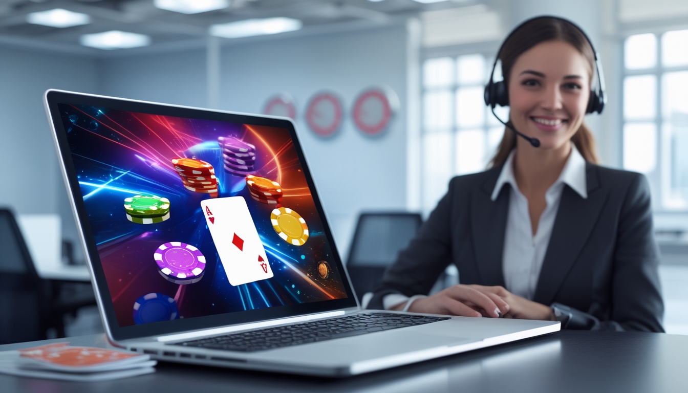 Seorang perwakilan layanan pelanggan tersenyum di depan laptop yang menampilkan permainan kartu online dengan chip dan kartu, di ruang kantor modern yang terang.