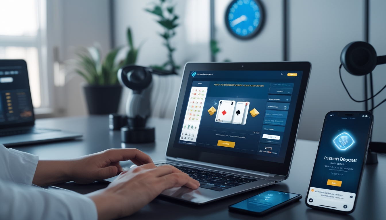 Seseorang menggunakan laptop dan ponsel untuk bermain Capsa online dengan notifikasi deposit cepat di layar, di meja kerja dengan jam dan headset layanan pelanggan.