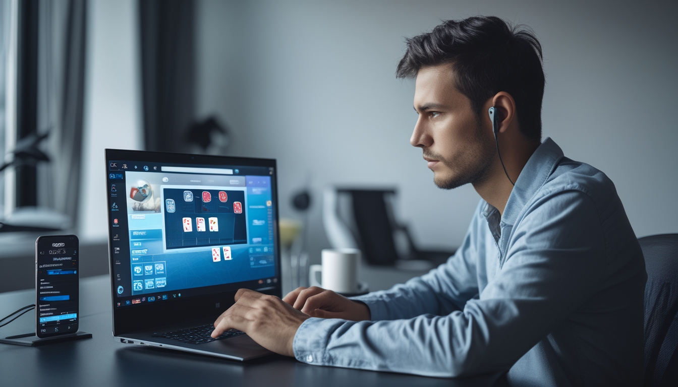 Seorang pria dewasa fokus bermain Capsa online di depan laptop di ruangan yang terang dan rapi.