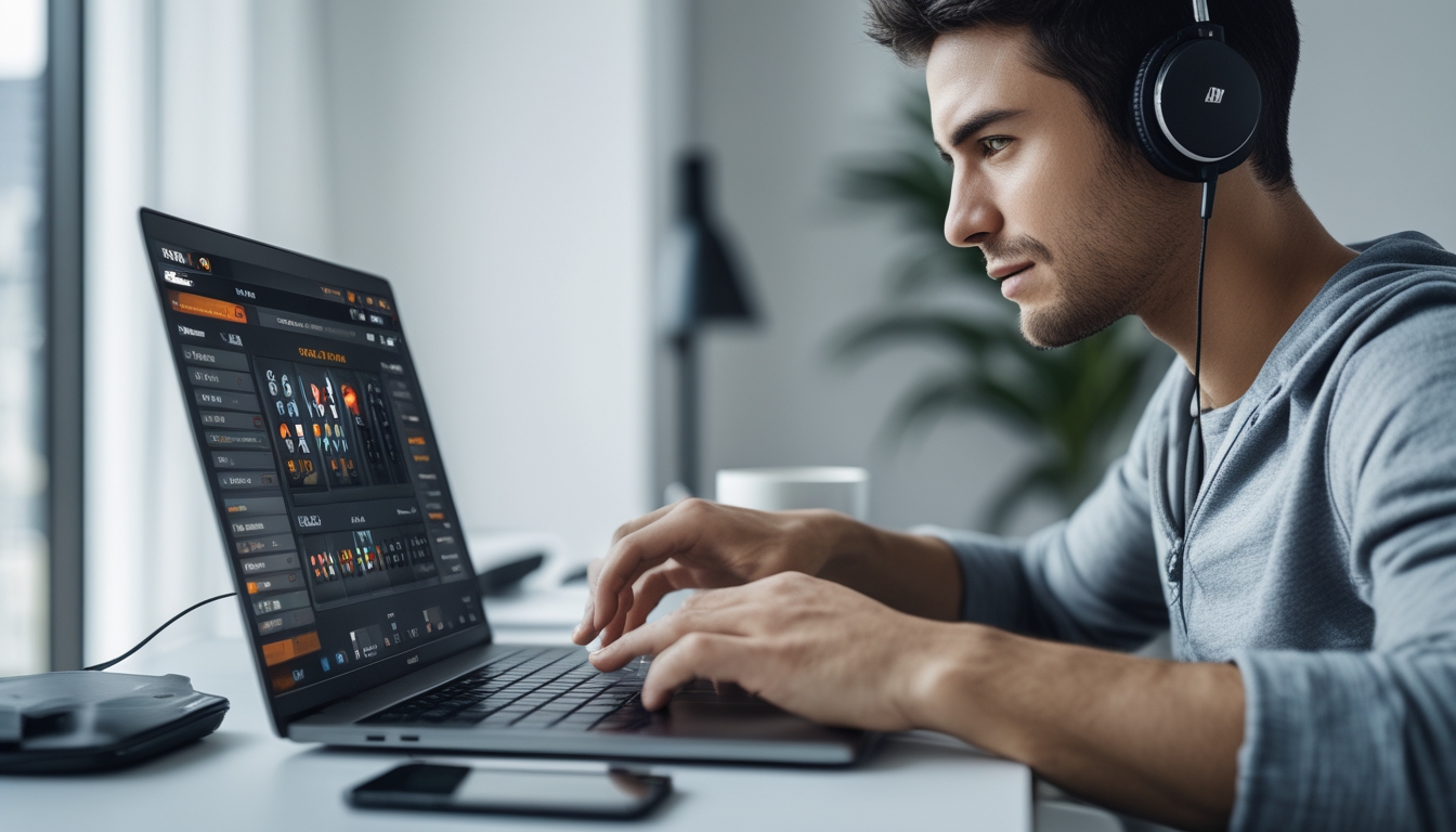 Seorang pemain berpengalaman sedang fokus bermain Capsa online di laptop di ruangan modern.