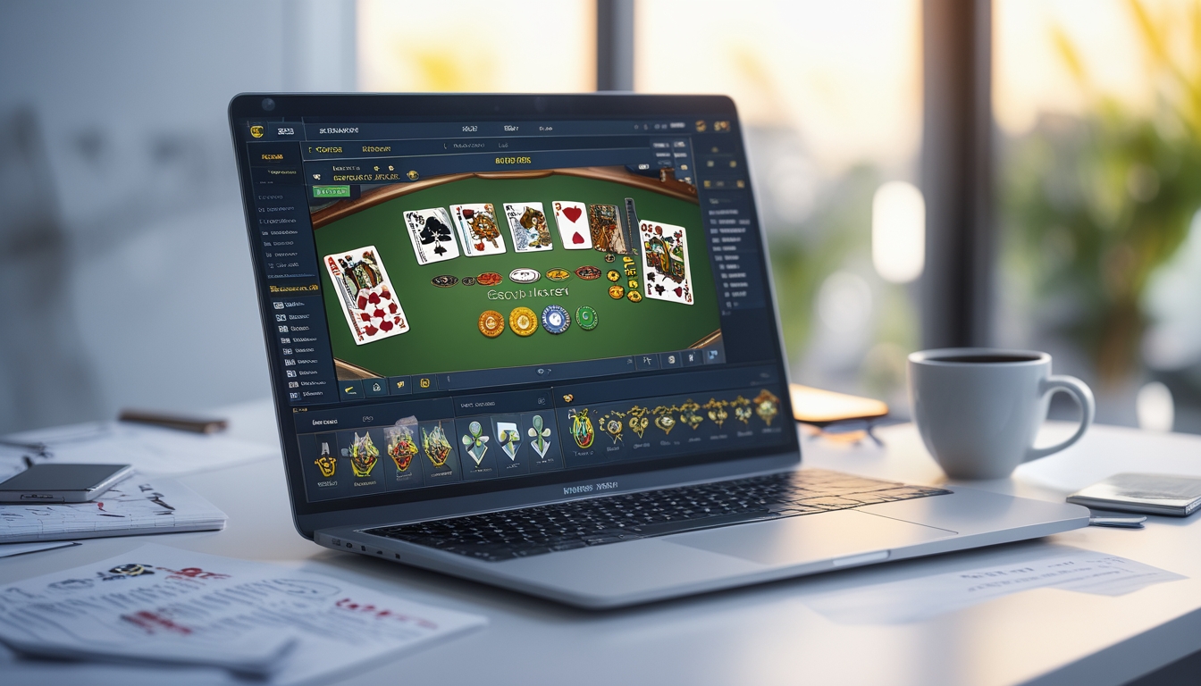 Seorang pengguna sedang meninjau permainan Capsa online di laptop di atas meja kerja dengan kartu dan chip permainan terlihat di layar.
