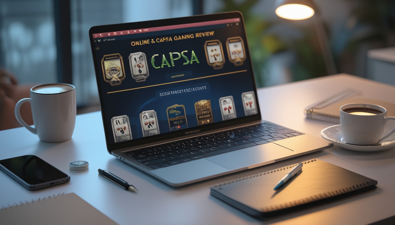 Meja kerja dengan laptop yang menampilkan permainan kartu Capsa, dikelilingi oleh ponsel, cangkir kopi, dan buku catatan.