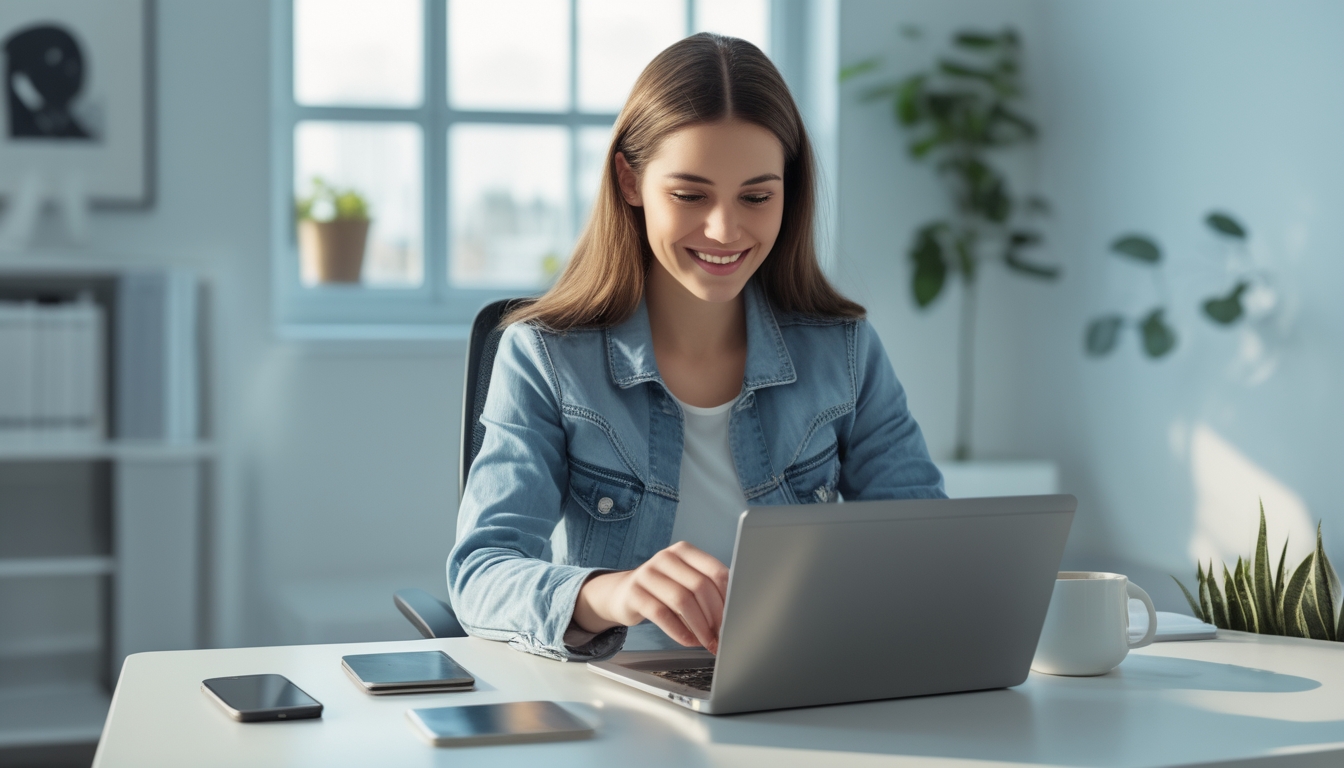 Seorang wanita muda duduk di meja dengan laptop, bermain permainan kartu online dengan ekspresi percaya diri dan santai di ruang kerja yang terang dan rapi.