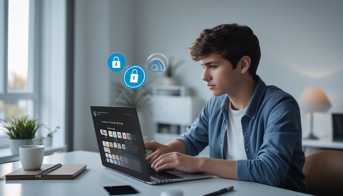 Seorang dewasa muda menggunakan laptop di ruang kerja rumah yang terang, bermain permainan kartu online Capsa dengan elemen keamanan seperti ikon gembok dan aplikasi autentikasi dua faktor di sekitar.