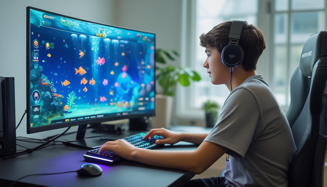 Seorang dewasa muda duduk di meja modern, fokus bermain game tembak ikan online di komputer dengan layar besar yang menampilkan ikan warna-warni di bawah laut.