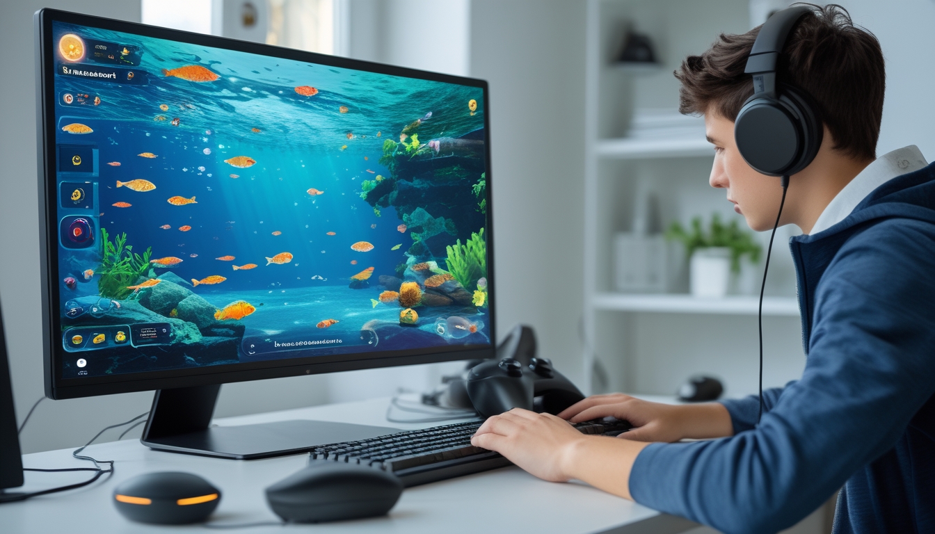 Seorang pemuda sedang bermain game tembak ikan online di komputer dengan layar menampilkan berbagai ikan berwarna-warni di bawah laut.