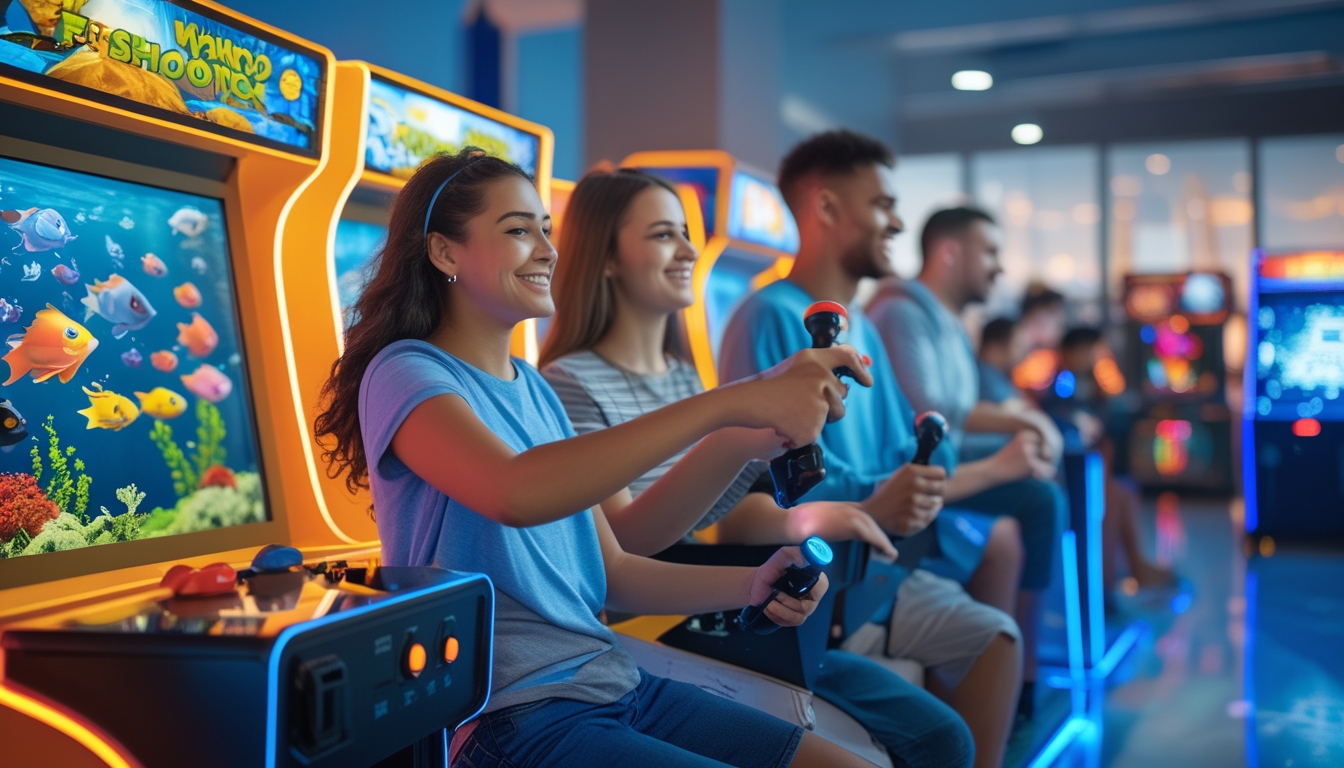 Sekelompok orang muda sedang bermain game tembak ikan di pusat permainan digital dengan suasana ceria dan aman.