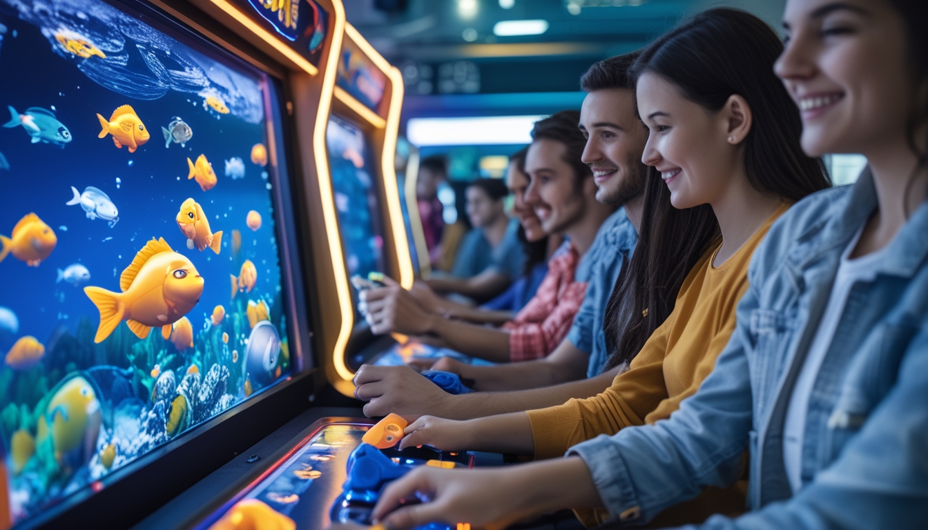 Sekelompok orang muda bermain game tembak ikan digital di sebuah mesin arcade dengan layar warna-warni di sebuah ruang permainan yang terang dan ramai.