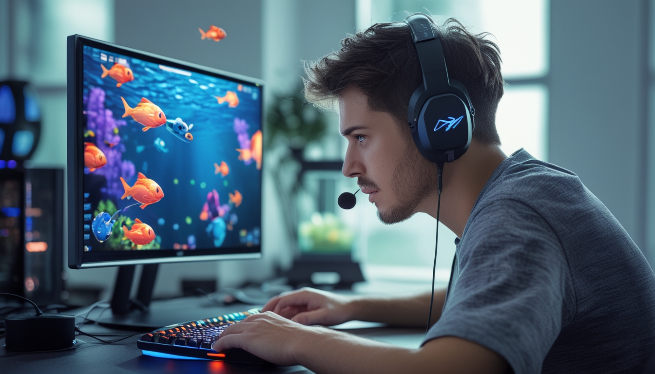 Seorang pria muda fokus bermain game memancing arcade online di komputer dengan latar ruangan modern.