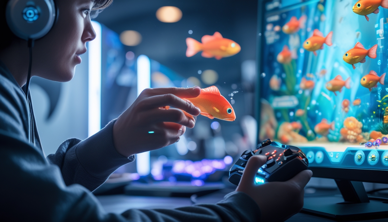 Seseorang sedang bermain game arcade menembak ikan di komputer dengan layar menampilkan ikan-ikan berwarna-warni.