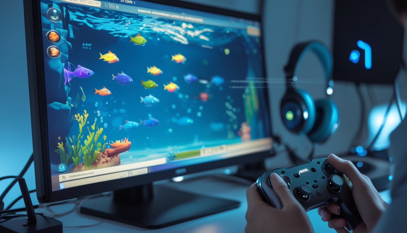 Seorang pemain sedang bermain game tembak ikan online dengan layar komputer yang menampilkan ikan berwarna-warni di bawah laut.