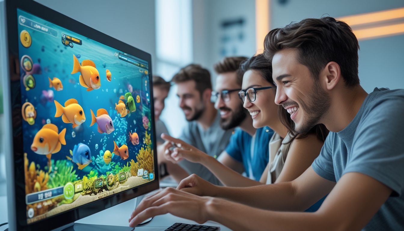 Beberapa orang muda sedang bermain permainan tembak ikan online dengan antarmuka permainan yang penuh warna di layar perangkat mereka.