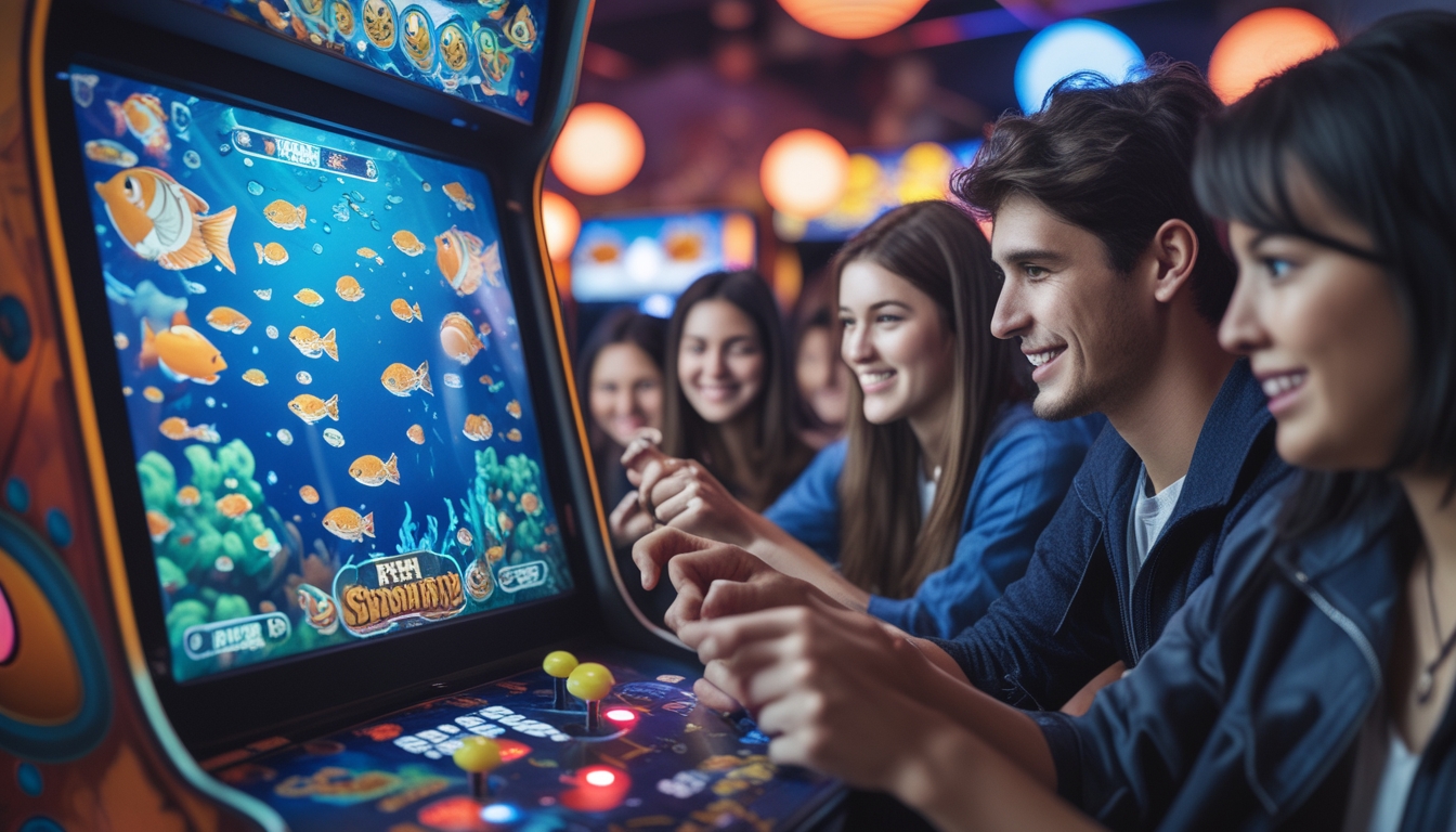Sekelompok orang muda sedang bermain game tembak ikan di mesin arcade dengan layar berwarna-warni di ruangan arcade yang terang dan ramai.