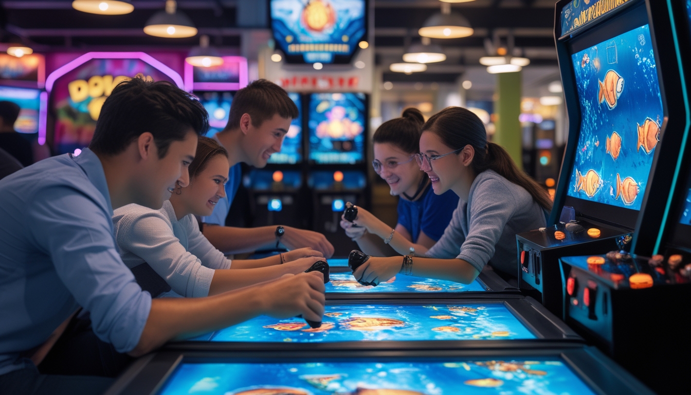 Beberapa orang muda sedang bermain permainan tembak ikan di mesin arcade dengan latar belakang suasana arcade yang ramai dan berwarna-warni.