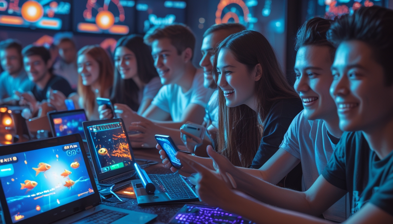 Sekelompok orang muda sedang bermain game tembak ikan online menggunakan berbagai perangkat digital di ruang santai dengan suasana ceria dan penuh semangat.