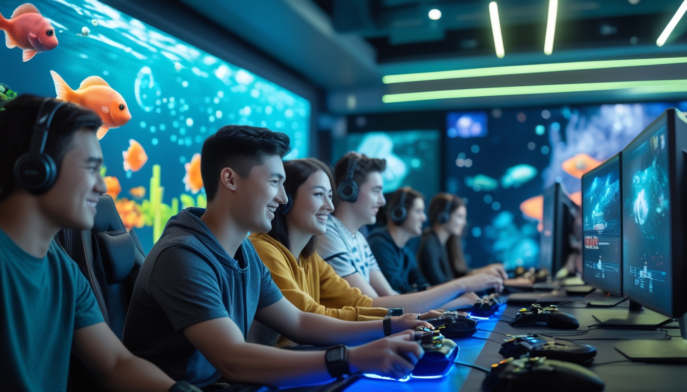 Sekelompok gamer sedang bermain game tembak ikan online di ruang bermain dengan layar besar yang menampilkan grafik ikan berwarna-warni.