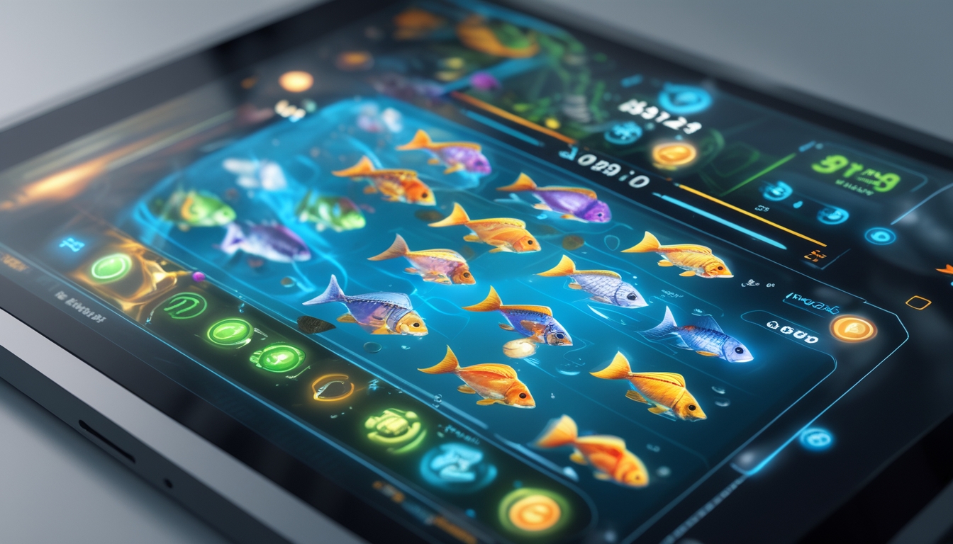 Layar perangkat sentuh menampilkan permainan tembak ikan digital dengan ikan berwarna-warni dan indikator skor.