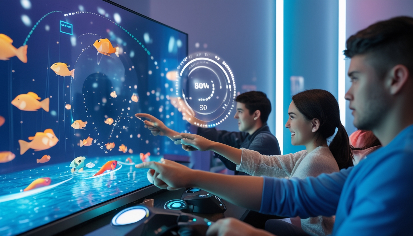 Beberapa orang bermain game tembak ikan digital di depan layar besar dengan animasi ikan berwarna-warni dan grafik skor di latar belakang.