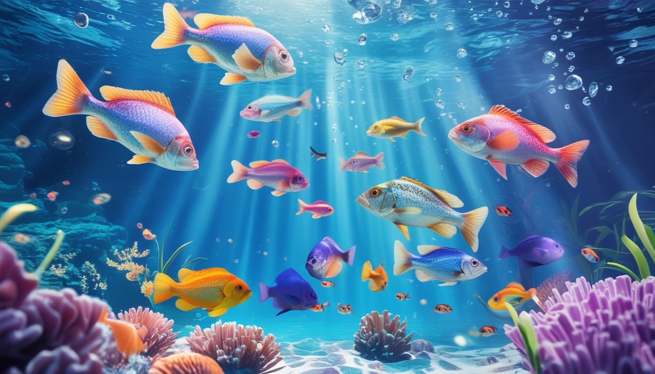 Pemandangan bawah laut dengan berbagai ikan berwarna-warni berenang di air jernih, terumbu karang, dan tanaman air di latar belakang.
