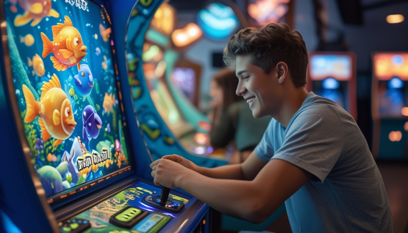Seseorang sedang bermain permainan tembak ikan arcade di tempat hiburan dengan suasana santai.