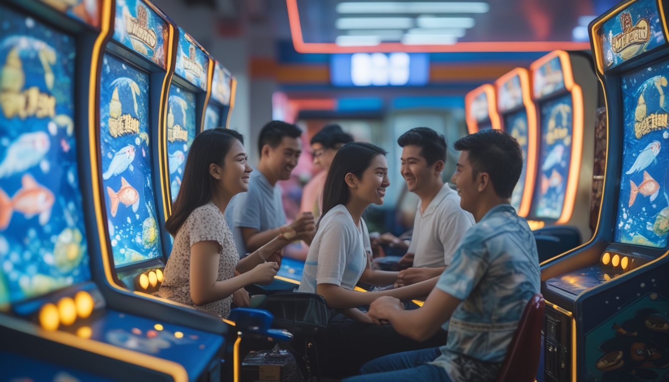 Orang-orang sedang bermain permainan tembak ikan di arcade yang cerah dan ramai.