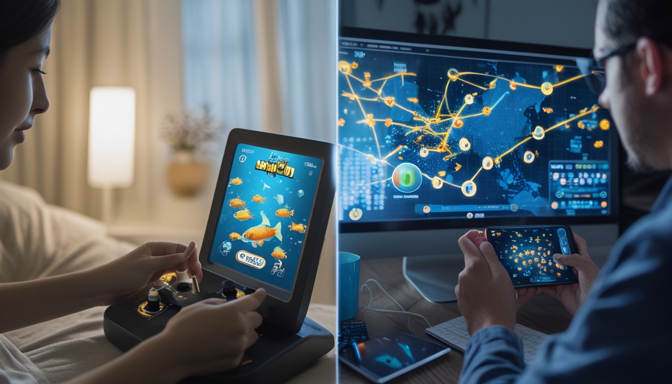 Dua orang sedang bermain game tembak ikan, satu menggunakan perangkat offline di ruangan nyaman, satu lagi bermain secara online dengan efek digital di layar.