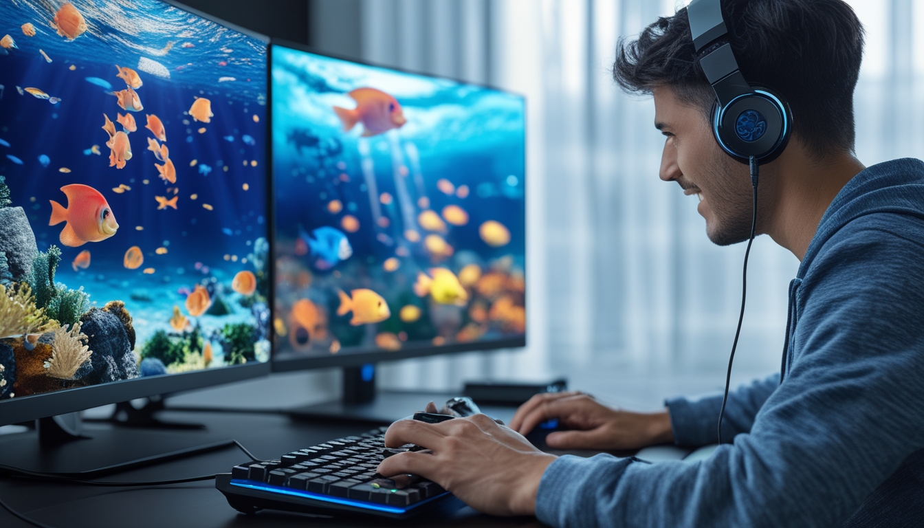 Seorang pemain game sedang fokus bermain permainan tembak ikan dengan latar belakang layar komputer yang menampilkan ikan-ikan berwarna-warni dan efek tembakan.