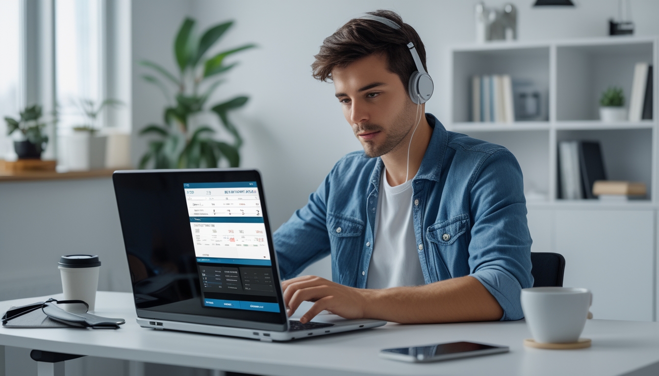 Seorang pria muda duduk di meja dengan laptop terbuka, fokus menggunakan situs judi online di ruang kerja rumah yang rapi dan terang.