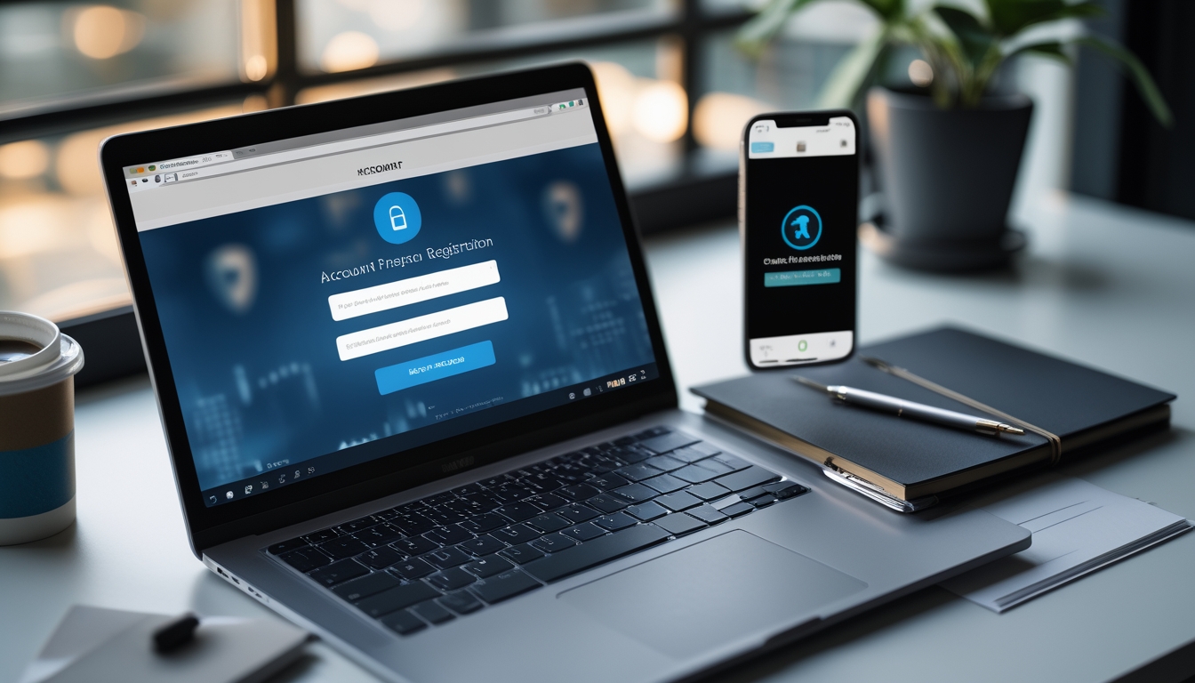 Meja kerja modern dengan laptop, ponsel, dan buku catatan yang menunjukkan persiapan akun sebelum registrasi online.