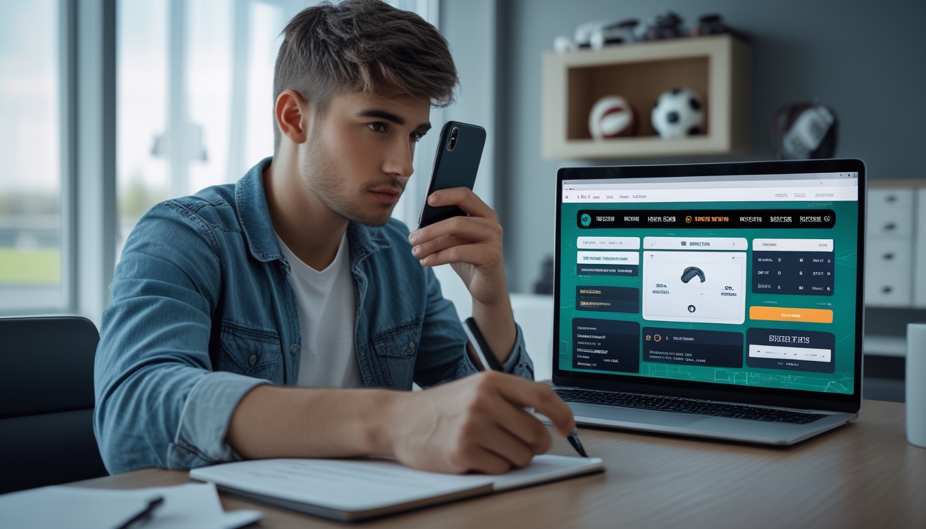 Seorang pria muda duduk di meja dengan laptop dan smartphone, fokus pada taruhan sepak bola online.
