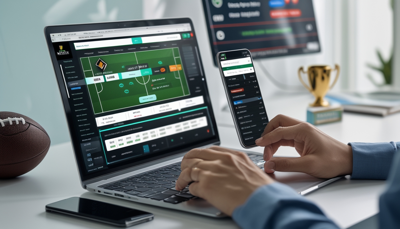 Seseorang menggunakan laptop dan ponsel untuk memasang taruhan bola online dengan latar belakang bola sepak dan piala kecil di meja.