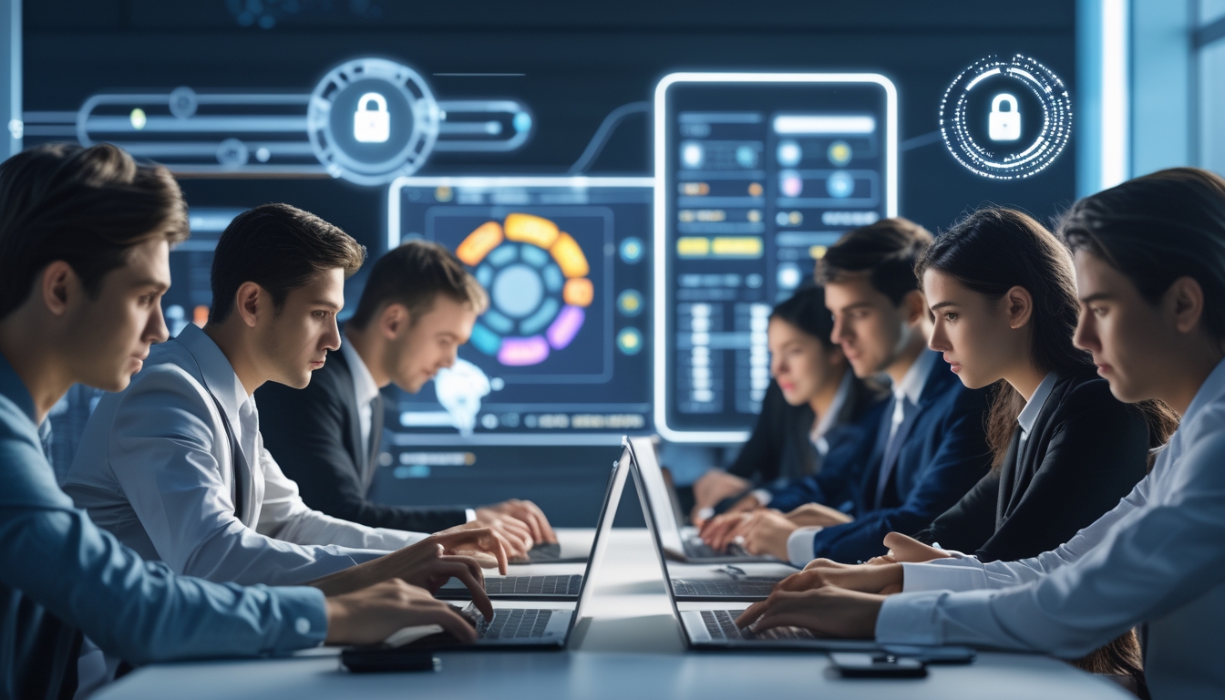 Sekelompok profesional muda menggunakan laptop dan ponsel di kantor modern dengan elemen digital yang menunjukkan keamanan dan teknologi.