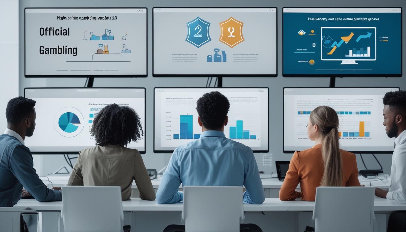 Sekelompok profesional sedang bekerja di kantor modern dengan beberapa layar komputer yang menampilkan grafik abstrak terkait keamanan situs judi online.