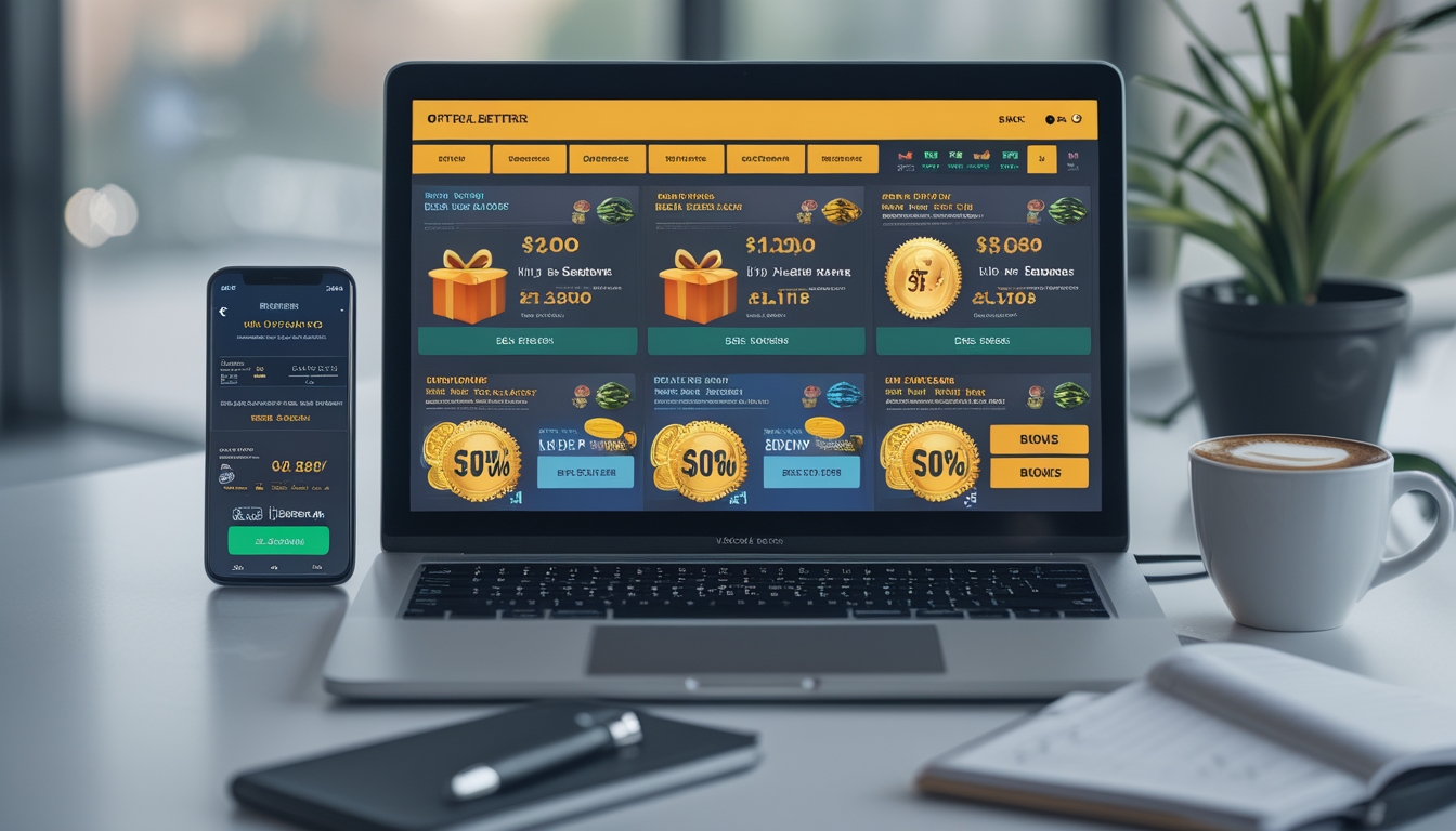 Sebuah meja kerja dengan komputer menampilkan antarmuka situs taruhan olahraga online yang menampilkan berbagai promosi dan bonus, dengan ponsel dan alat tulis di sekitarnya.