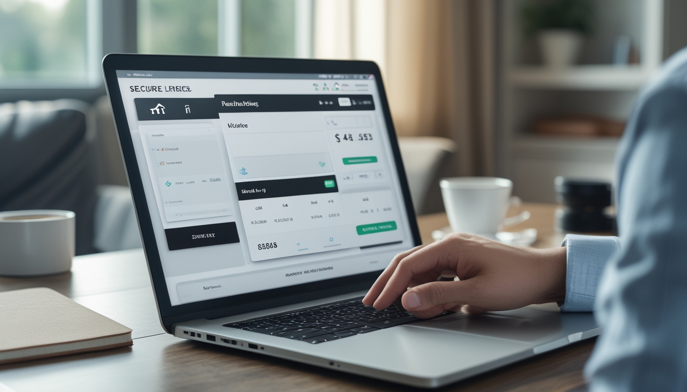 Seseorang menggunakan laptop atau ponsel di ruang tamu yang nyaman untuk melakukan transaksi deposit dan penarikan dengan aman.